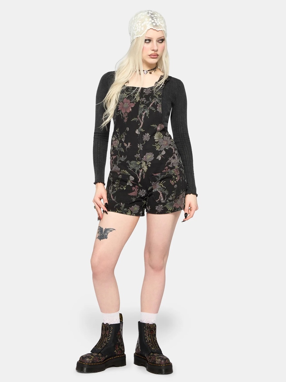 Disturbia | Poison Eden Print Denim Dungaree Short - Picture 5 of 7